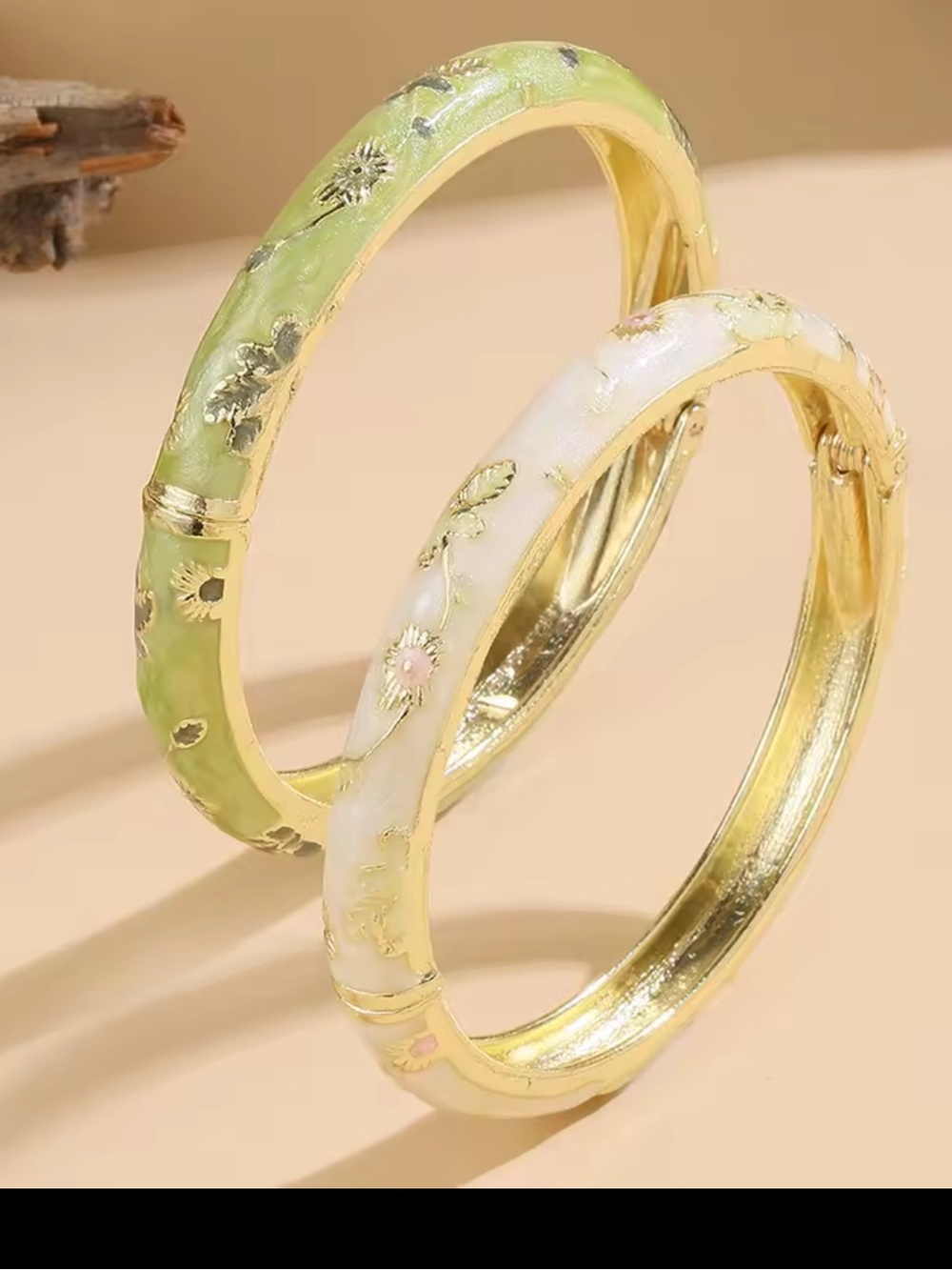 Anthropologie Gold-Tone Green and White Floral Enamel Bangle Duo
